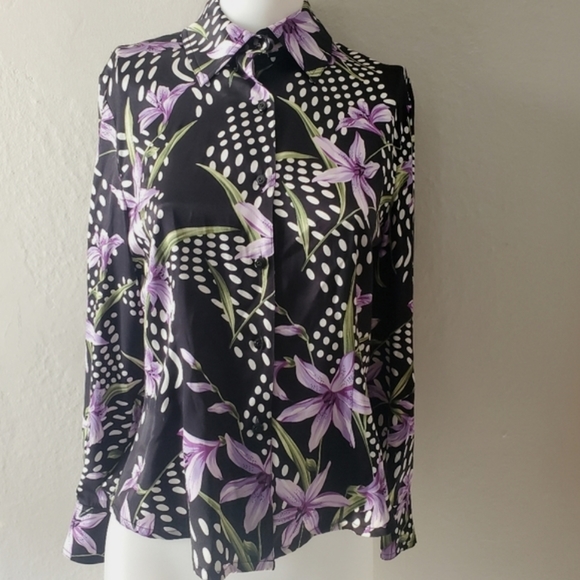 St John || Black and Purple Floral Silk Button Down - Picture 1 of 10
